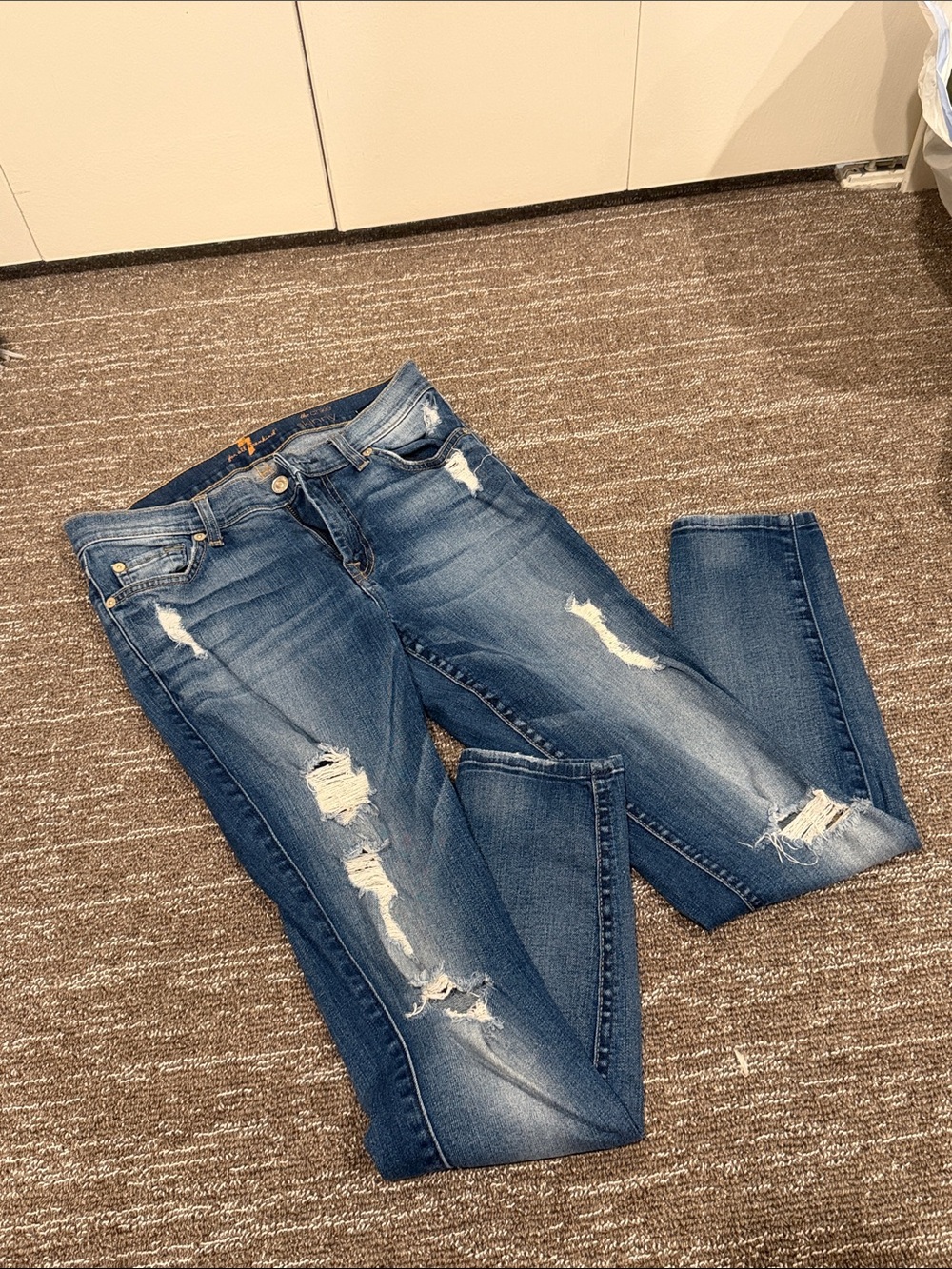 7 For All Mankind Distressed Medium Blue Ankle Jeans